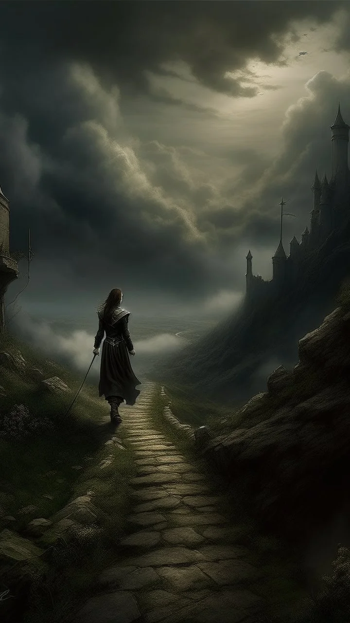 A dear standing in a narrow stone path above the ground gradually getting higher into the clouds no railings, dangerous drop people in black leathers medievil period weather is wet spiraling into the clouds fantasy, a pretty girl walking on the trail