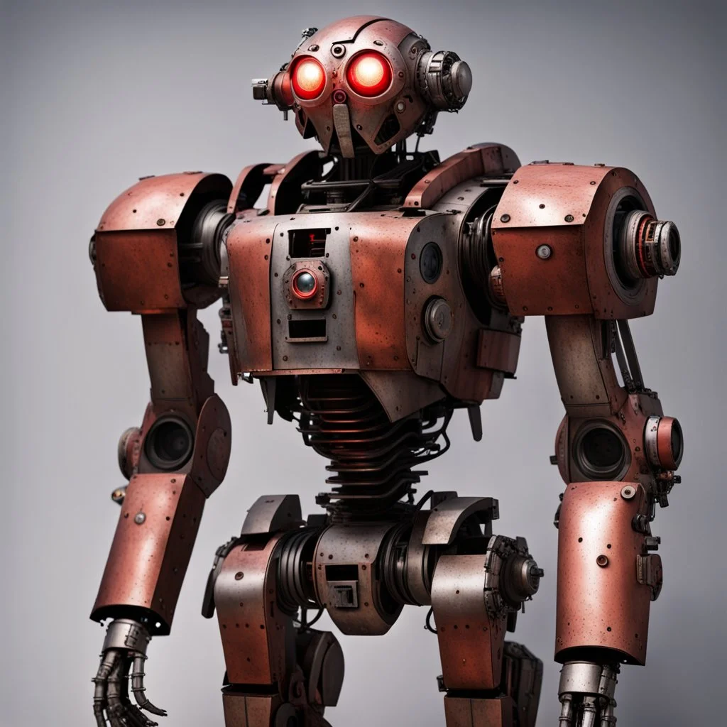 trash mech suit, human-sized, made of scrap metal, small, cockpit, light rust, round, red glowing eye