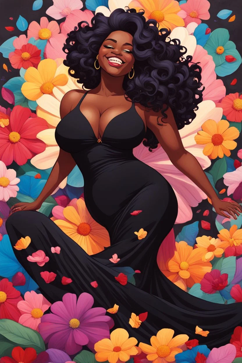 A sassy thick-lined oil painting style cartoon black female lounging lazily on her side, surrounded by colorful large flower petals. her curvy body silhouette a black maxi dress. Looking up coyly, she grins widely, showing teeth. Her poofy hair forms a mane framing her confident, regal expression.