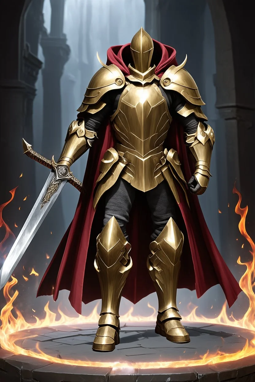 photorealistic holy knight paladin in darkly gold armor and a cape wielding a greatsword in abyss