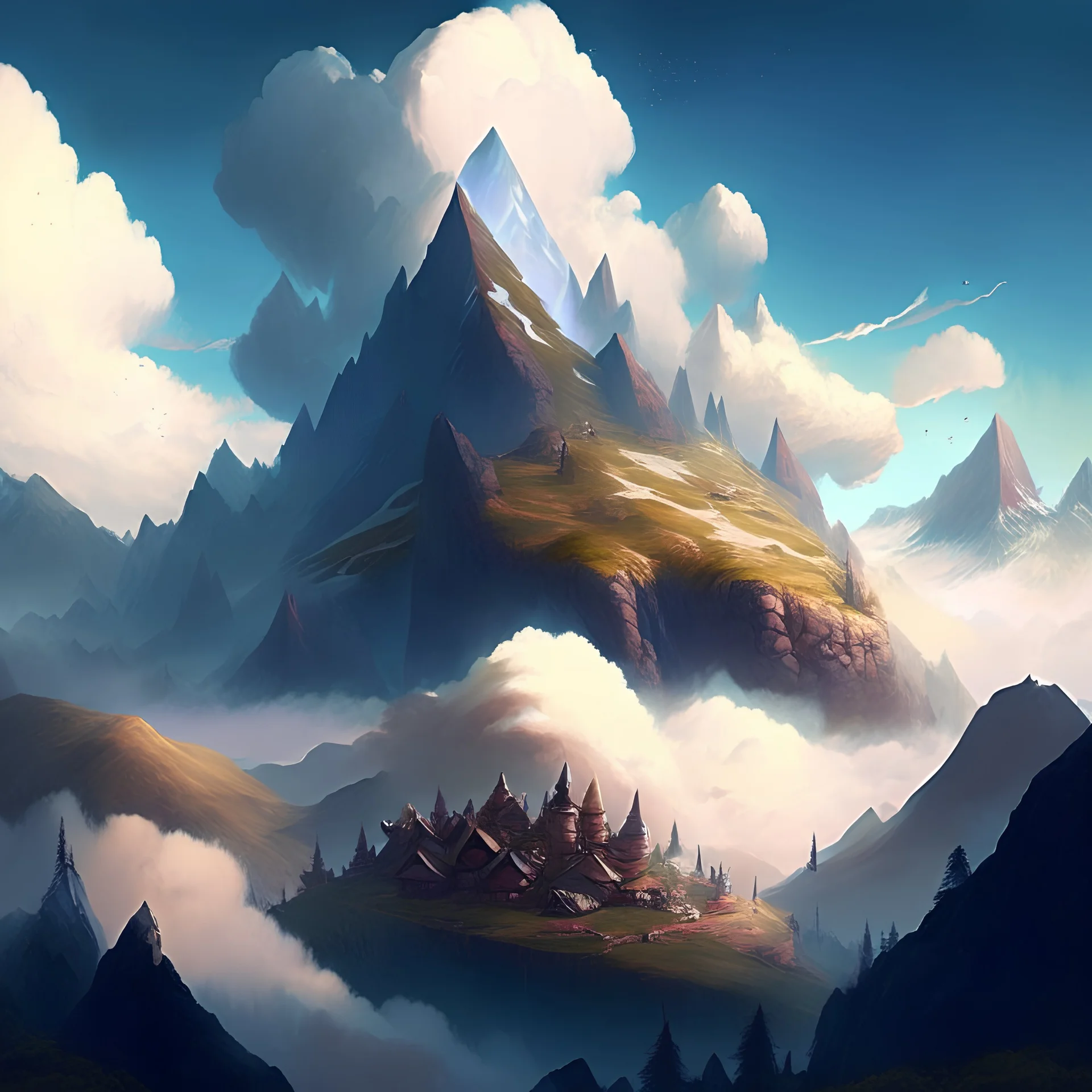 illustration of a giant mountain in a fantasy landscape with a village up in the clouds