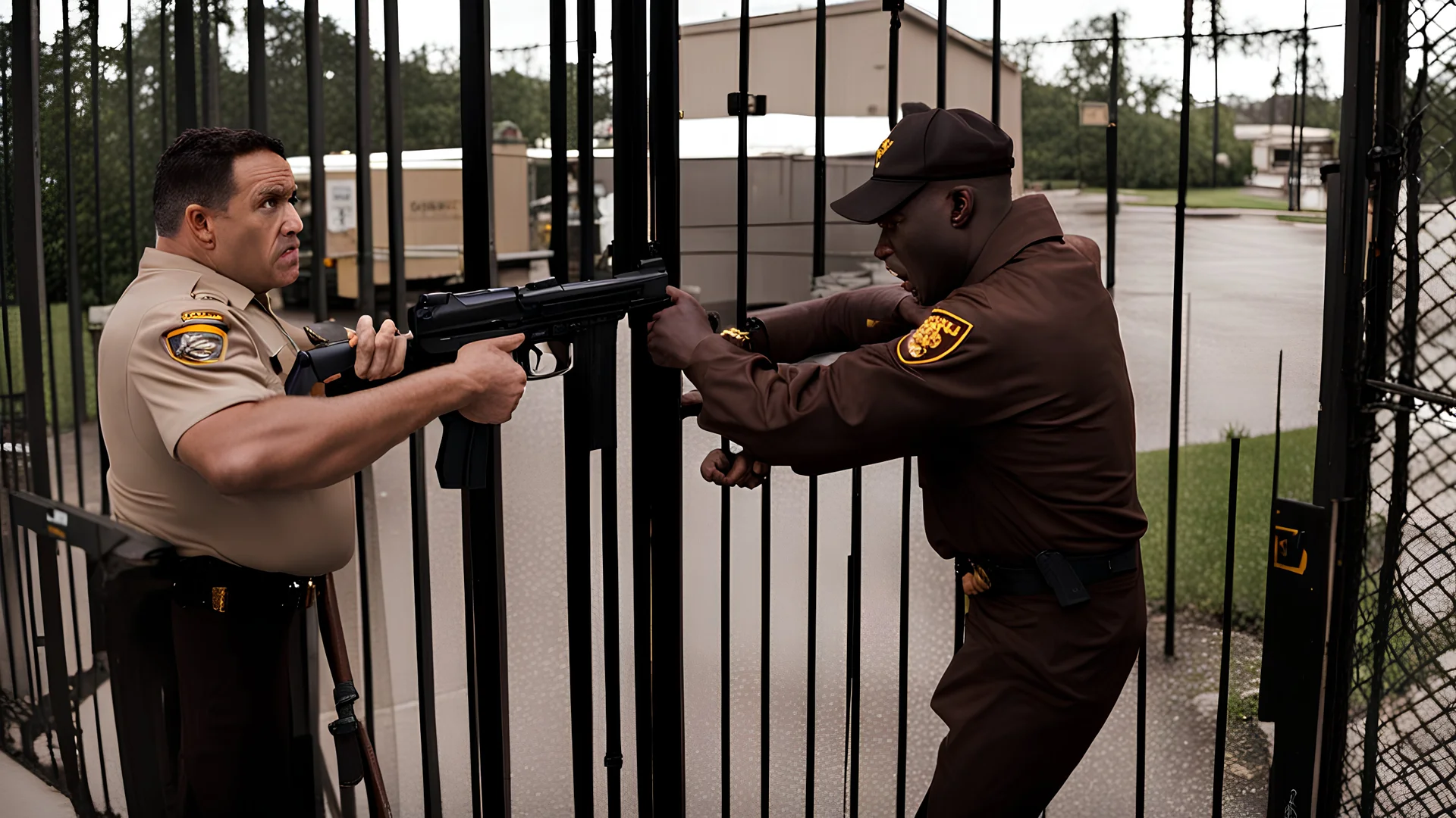 UPS delivery man at gate with angry man pointing gun at him