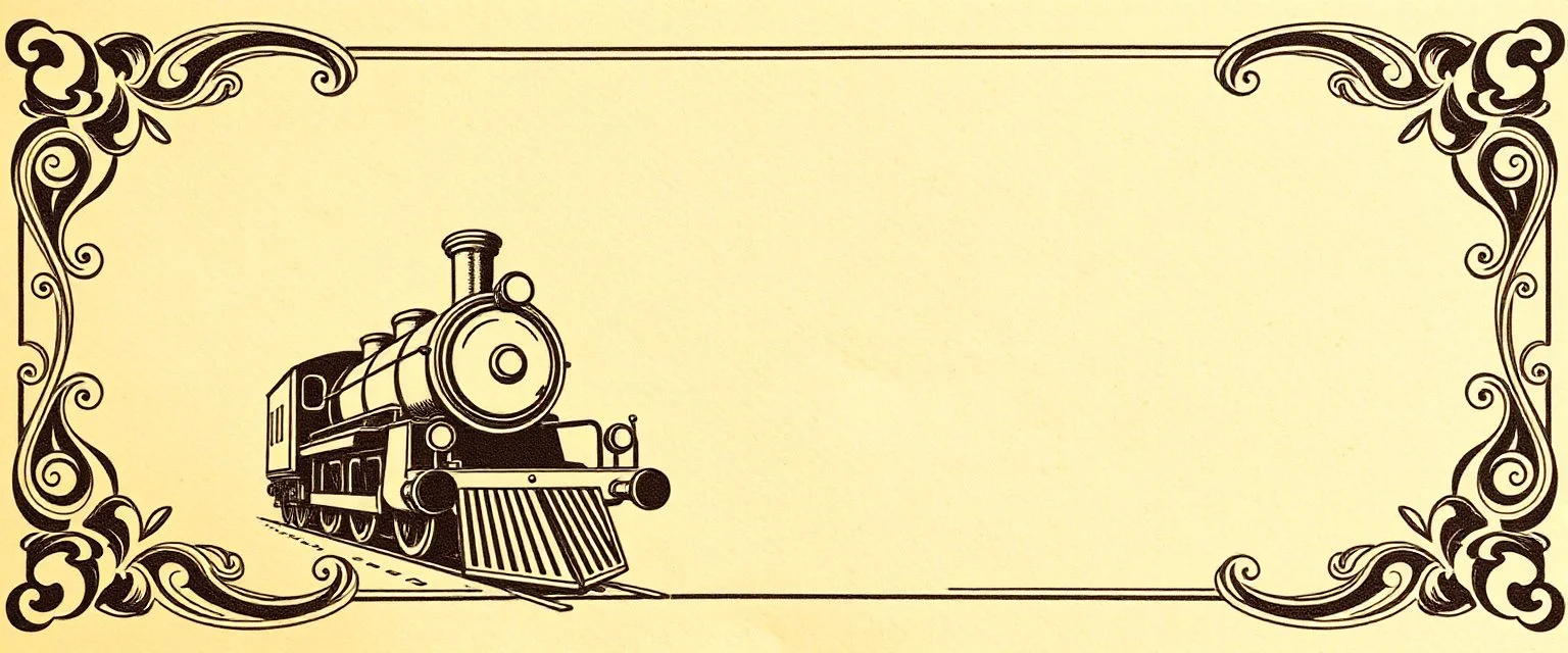 decorative corner elements(top left and bottom right) inspired by steam locomotive railroad and engraved stamps. antique printing