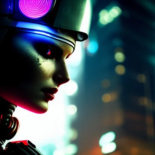 portrait,beautiful robot, post-apocalyptic in a cyberpunk city, realistic, intriacte detail, sci-fi fantasy style, volumetric lighting, particales,highly detailed,cinamatic, deep colours,8k