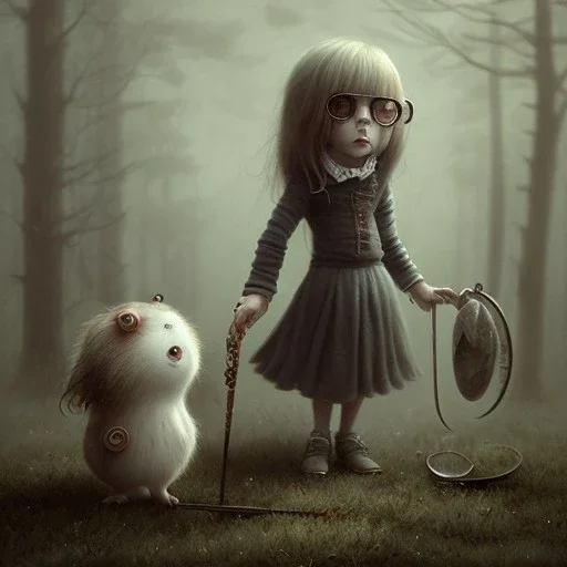 cute girl with little monster, style <John Kenn Mortensen>,