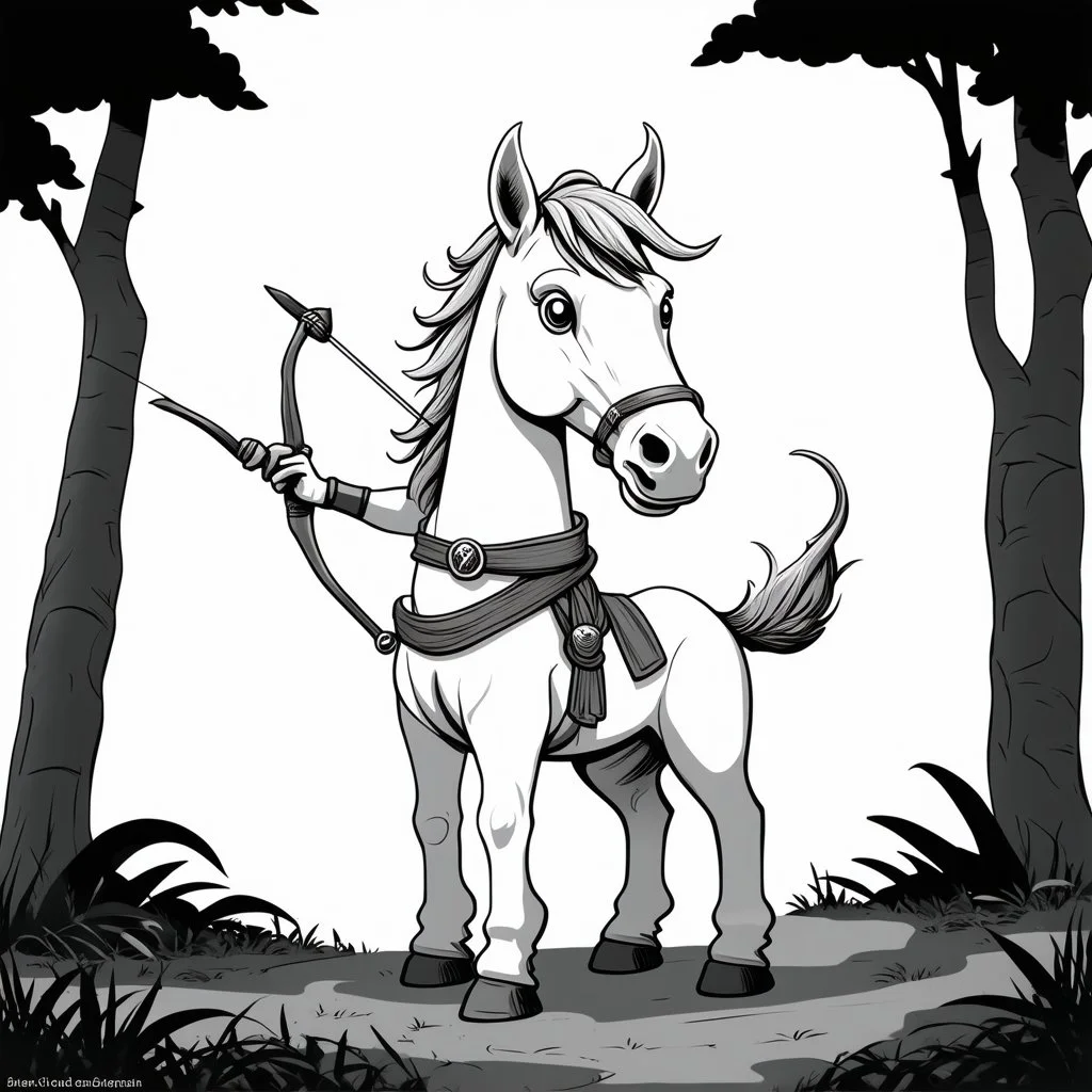 Centaur, in Greek mythology, a race of creatures, part horse and part man. Make black and white cute drawing of a centaur (part horse and part man) with black bold lines. Only outline, no grayscale. A centaur holding a bow and arrow in an enchanted forest.