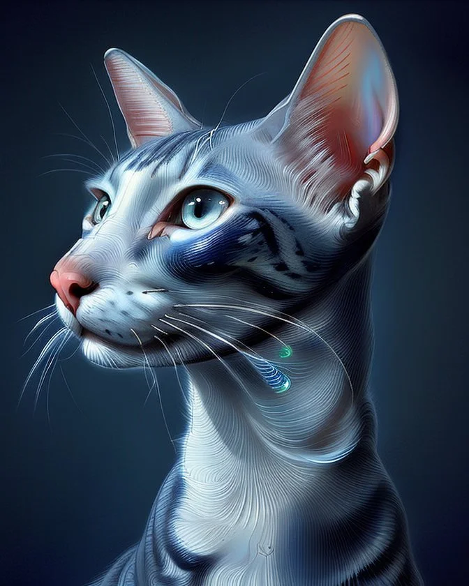 Oriental shorthair blue and white mackerl tabby cat hyperdetailed, In the art style of Jean-Antoine Watteau, Nicholas Roerich, Studio Light.