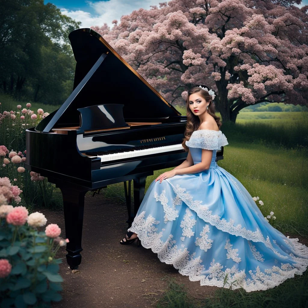 fullbody girl makeup wearing a victorian dress playing a grand piano in country side ,flowers ,pretty clouds in blue sky