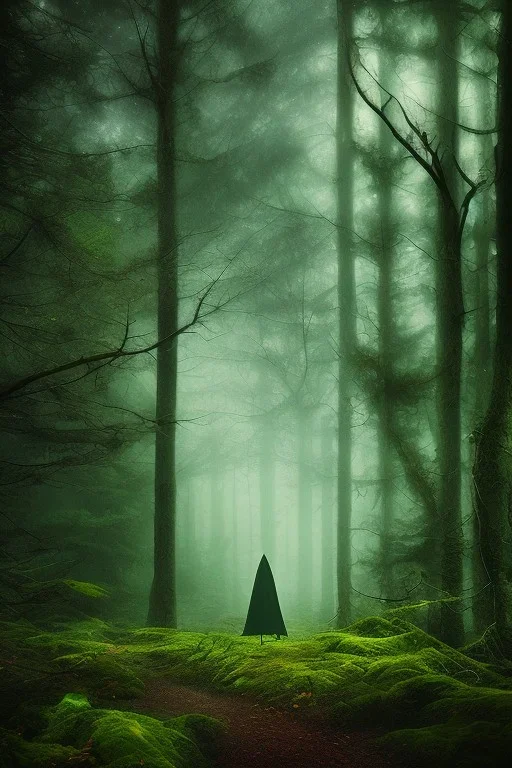 A lonely wizard in a dark cloak, using magic, green magic, woods, forest background, dark scene, dramatic lighting