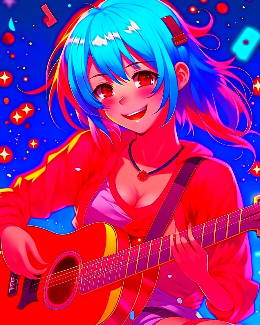 Art style Anime manga, Girl with blue hair playing a red magic guitar, several musical notes behind her, light red eye color, wears casual clothes but involves music, She smiles while playing with one of her eyes closed