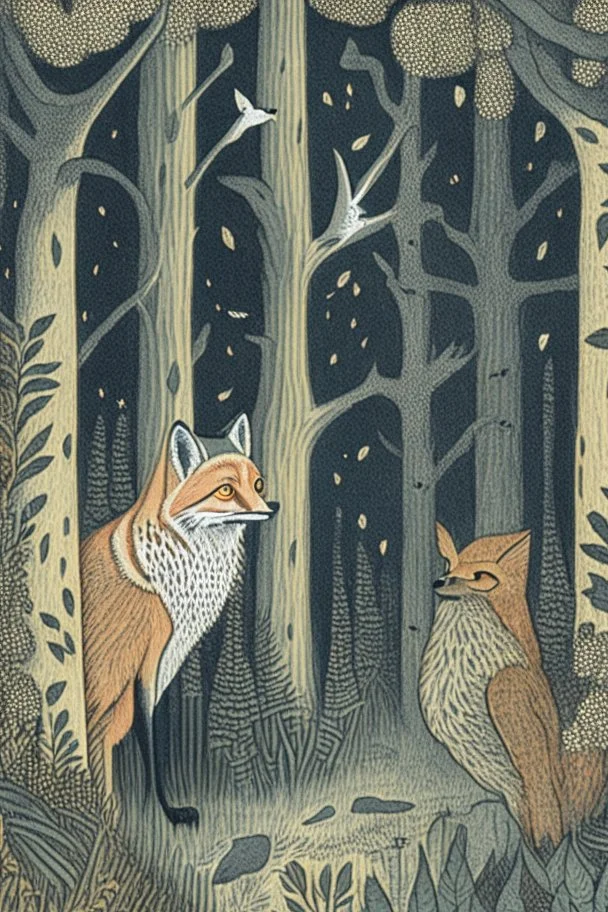 in the style of Henry Justice Ford, a drawing of a forest in which a fox meets an owl