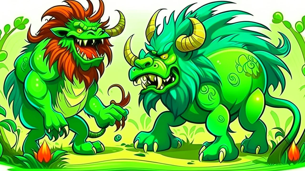 fantasy cartoon style illustration: fierce green beast is chasing a moneky