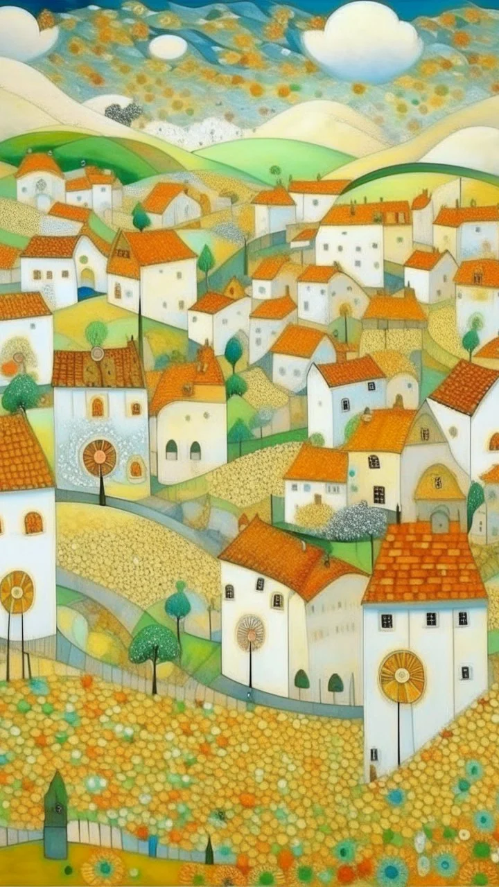 A white windy village with windmills painted by Gustav Klimt