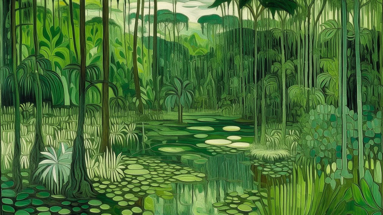 A green rainforest with a swamp designed in ancient Greek mosaics painted by Edvard Munch