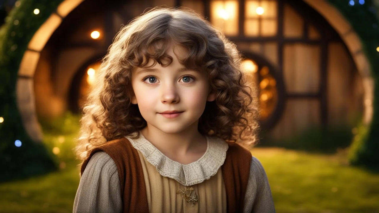 Little very young hobbit girl, beautiful, confident, calm, wise, happy, innocent, facing camera, head and shoulders, curly hair, hobbit clothing, perfect eyes, LOTR village, hobbit homes with circular windows and circular doors, night scene, stars, fireflies, 16k artistic photography, exquisite composition, photorealistic concept art, soft natural volumetric light, chiaroscuro, award-winning photograph, masterpiece, style William-Adolphe Bouguereau