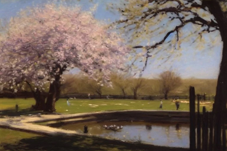 amazing sunny spring day, trees, flowers, fence, little pond, philip wilson steer impressionism painting