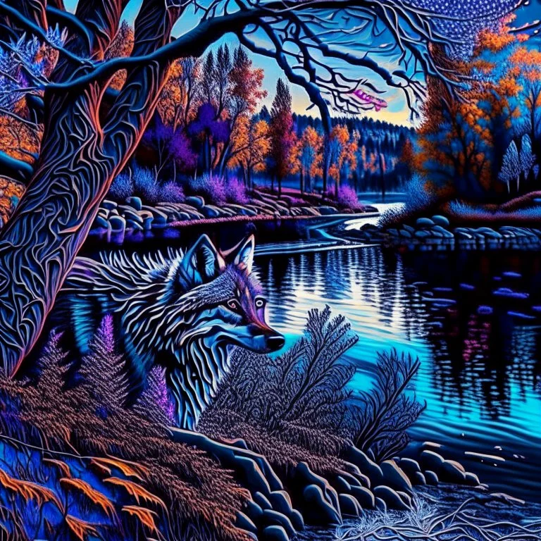 Hyper-detailed hyper-realistic ink art of a wolf river trees 4k complementary colors