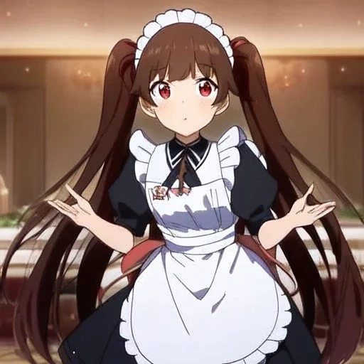 Clear focus, High resolution, Rough line, cute, anime style, big eyes, red eyes, sparkling eyes, brown hair, red eyes, thick eyelashes, wearing a maid outfit, long twin tails, long bangs, anime screencap