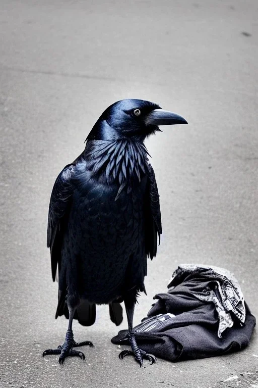 One single mature homeless crow with worn out clothes, sitting in a corner on the street, guitar standing on the left side, Vienna, mourning, perfect iris, model style, hyper realistic, extremely accurate, delicate, extremely detailed, Graphic novel style, wide-angle, open aperture, superfine pencil