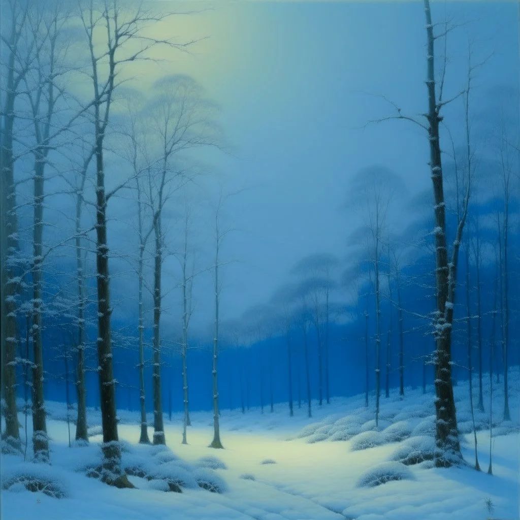 A light blue winter forest with falling snowflakes painted by Birge Harrison