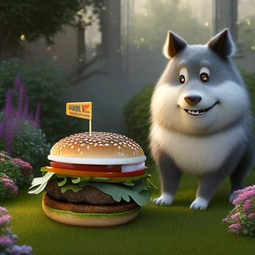 pixar style, volumetric summer garden environment and background, realistic painting of steak burger, looking excited, volumetric lighting, dramatic lighting, detailed digital painting, extreme dense and fine fur, anime, ornate, colour-washed colors, elegant, small minutiae, tiny features, particulars, centered, smooth, sharp focus, renderman gofur render, 8k, uhd, detailed eyes, realistic shaded volumetric lighting, sunlight caustics, backlight, centered camera view