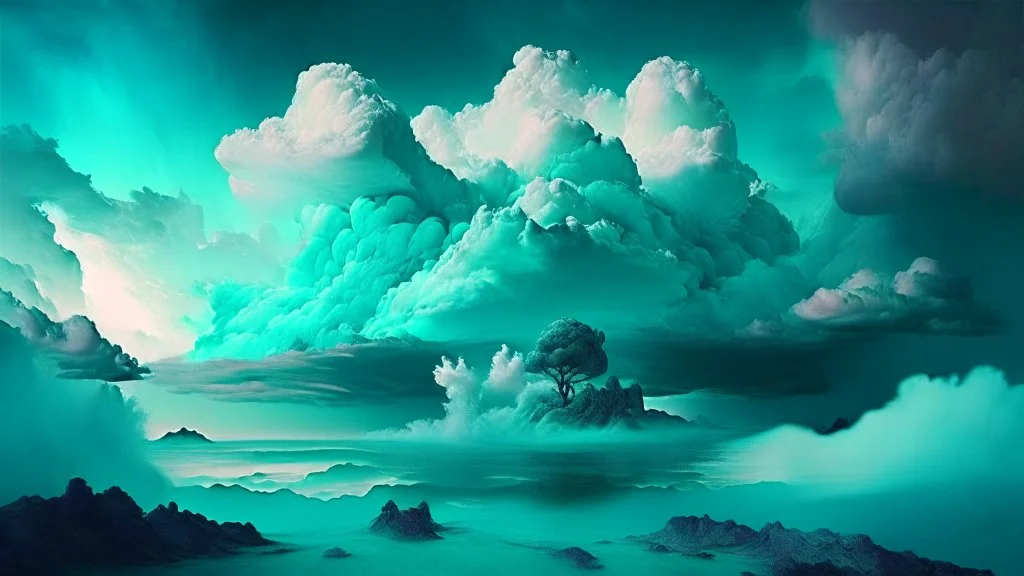 Phantasy landscape with dramatic cloud in aqua color