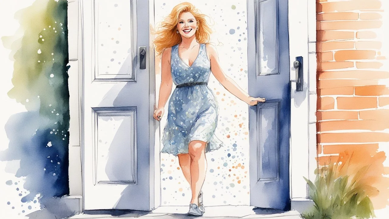 Open the door: youthful Ginger Lynn in light dress stands on the doorstep with a smile [a chaotic pen sketch with a lot of strokes in stippling, aquarelle]