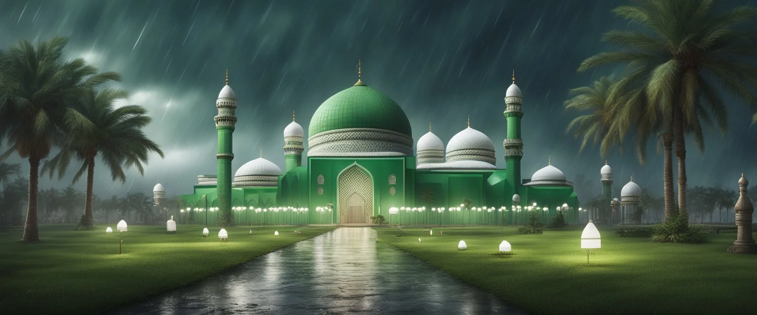 Hyper Realistic massive huge green mosque with white flags on the roofs at a rainy night with grassy pathway, palm trees & Thunderstorm