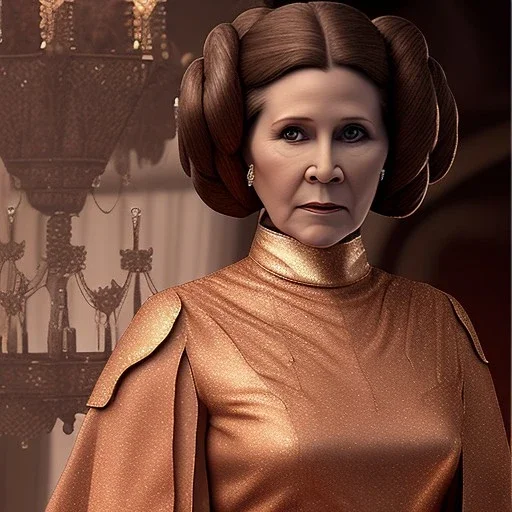 extremely detailed 8k hyperspace wallpaper,complete and photo realistic detailed head to waist stunning photo realistic portrait of carrie fisher as Princess Leia in star wars with photo realistic luxurious but fine hair, brown eyes, professional majestic photo realistic painting by Ed Blinkey, Atey Ghailan, by Jeremy Mann, Greg Manchess, Antonio Moro, trending on ArtStation, Intricate, High Detail, Sharp focus, dramatic, by greg rutkowski, realism, beautiful and detailed lighting,
