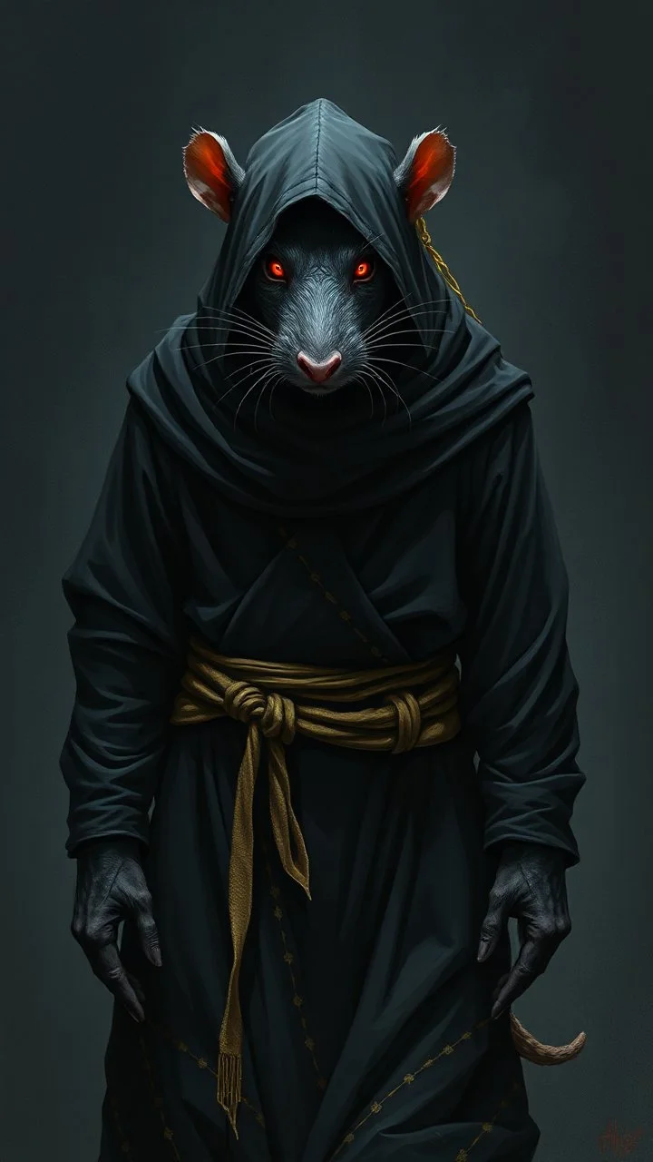 the rat man, ou’re looking at someone who doesn’t just walk into shadows—they belong to them. The black robes cling like a second skin, the belt tied tight with gold thread that catches the light only when he moves. His face is wrapped, but not hidden—his eyes glow like embers, red and steady, as if he’s already seen what waits inside the cave. The tail curls behind him, not in fear, but in readiness. He doesn’t need a torch, because the darkness answers him.