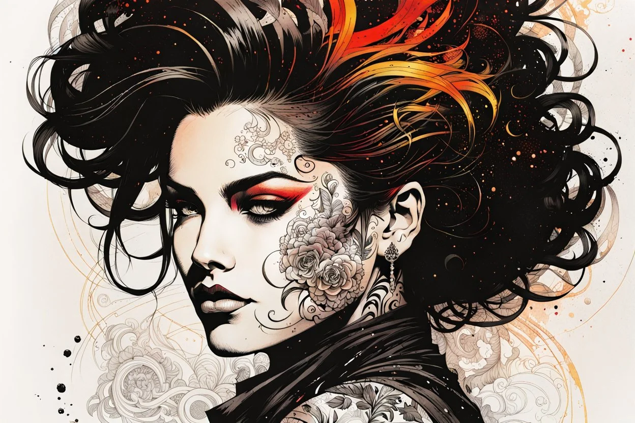 an abstract and serene illustration of a tattooed goth girl with highly detailed hair and facial features , finely drawn and inked, 4k, hyper detailed and vibrantly colored in the comic art style of Bill Sienkiewicz , Frank Miller, and Yoji Shinkawa