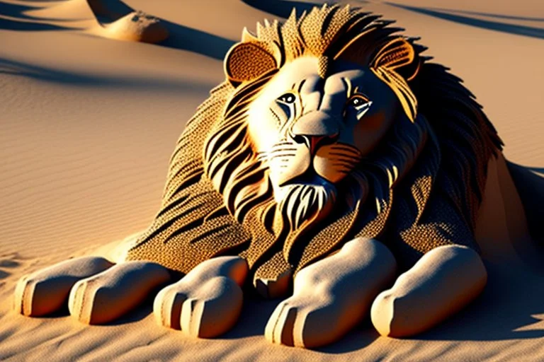 lion made of pebbles in sand