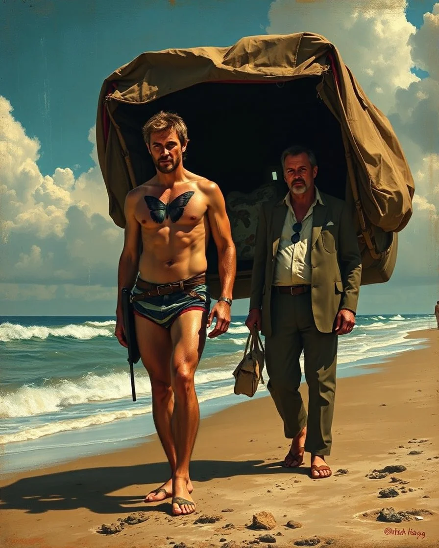 Bosch painting style ,nightmare, (Steve McQueen), known as "Papillon" for his butterfly chest tattoo, is transported to French Guiana with Louis Dega (Dustin Hoffman), standing on the beach