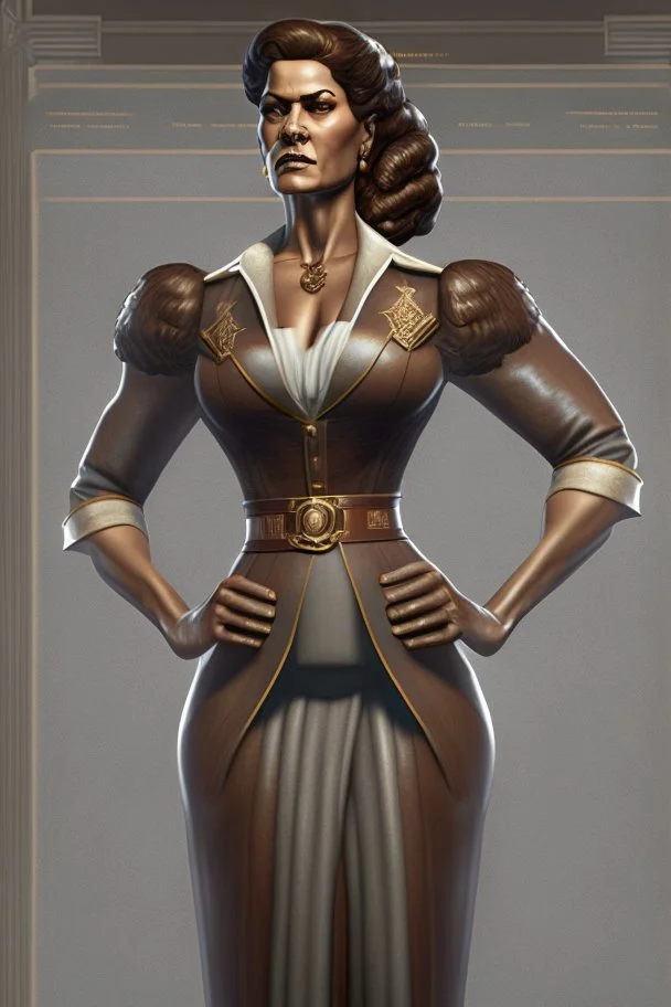 A hyper-realistic concept art of a full body aristocrat woman tall ultra muscular with a hard square face and brown hair wearing a greek senator outfit with hands on her waist, full body, aristocrat woman, tall, ultra muscular, hard square face, brown hair, greek senator outfit, by Jaime Jones, in the style of fantasy realistic art, cinematic and dramatic lighting, fantasy character drawings, realistic drawings, digital art, Highly Intricate Details, high quality,