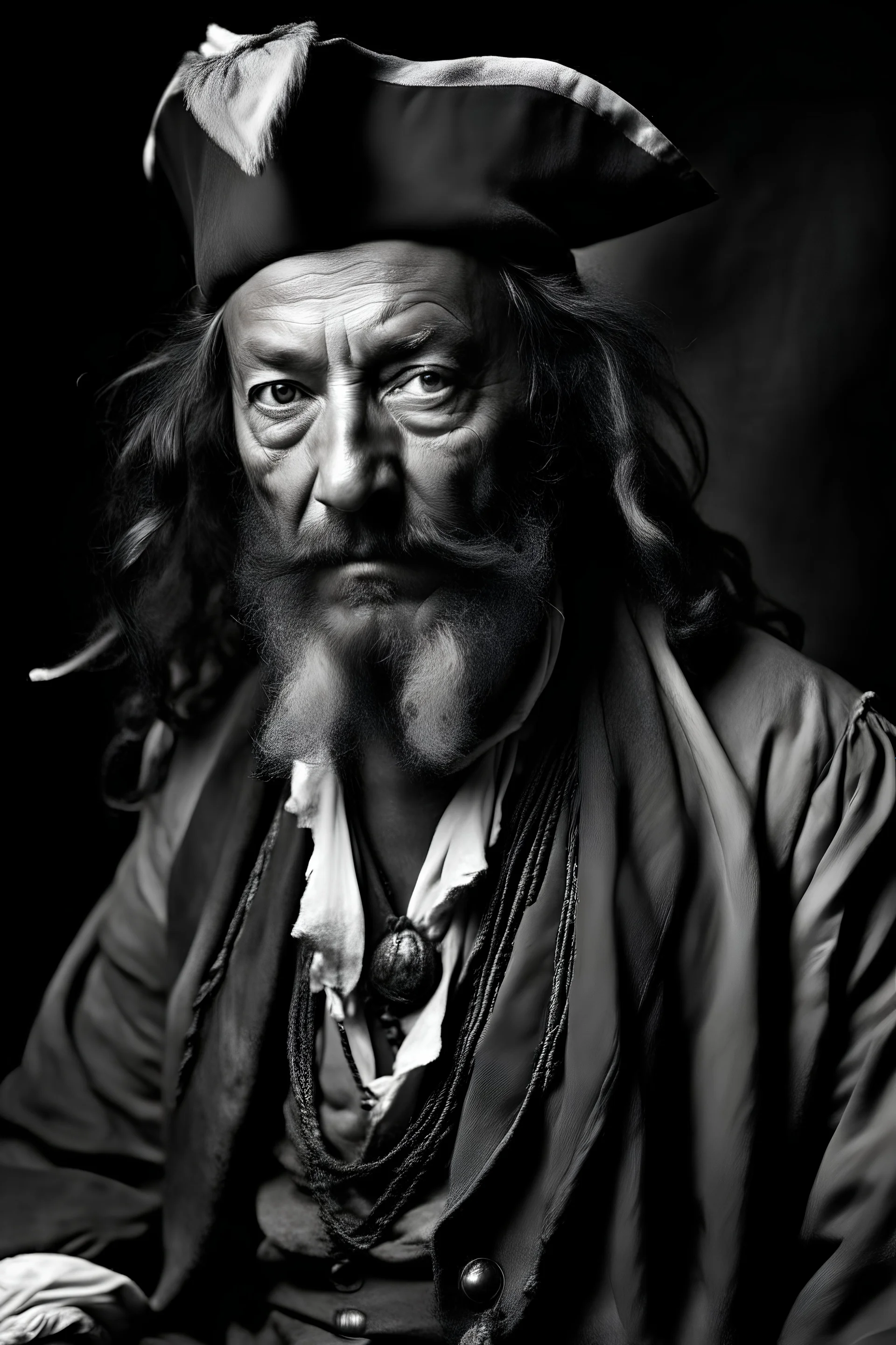 The brutish, edonist, violent, extremely rich, infamous, moorish and superb Marshall D. Teech, the King of Pirates. photography portrait taken in the year 1868 with medium format photography gear, shot in black and white from front 3/4 of the subject