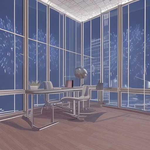 3d render of lawyer office, showing through the big glass windows the new year fireworks outside, hyper realistic, 4k