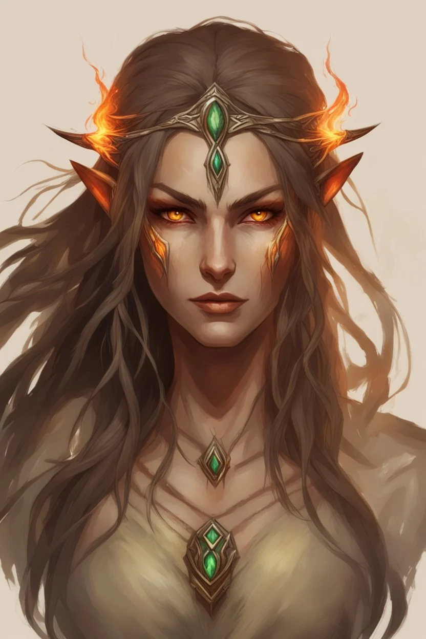 Female eladrin druid. Makes fire with her hands. Fire abilities. Long hair with fire texture. Eyes with fire reflection. A scar over left eye.