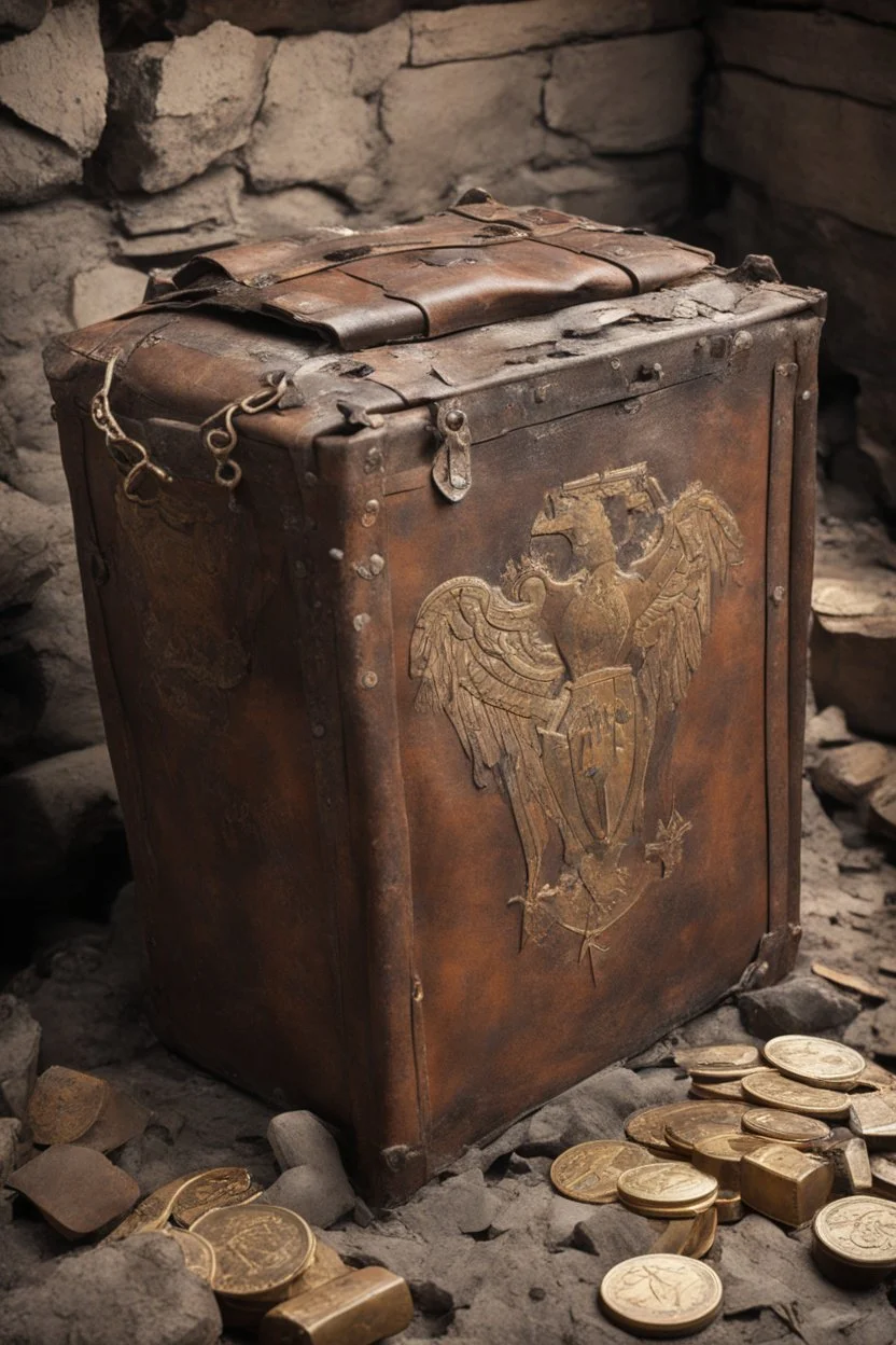 in the BASEMENT there is an old, broken brown oblong leather chest with short handles, from which gold coins from the time of Catherine the Great fall out. The ancient coat of arms of tsarist Russia, the double-headed eagle, is BARELY VISIBLE on the bag. There are a lot of broken bricks and earth around the bag. All in high quality 8K