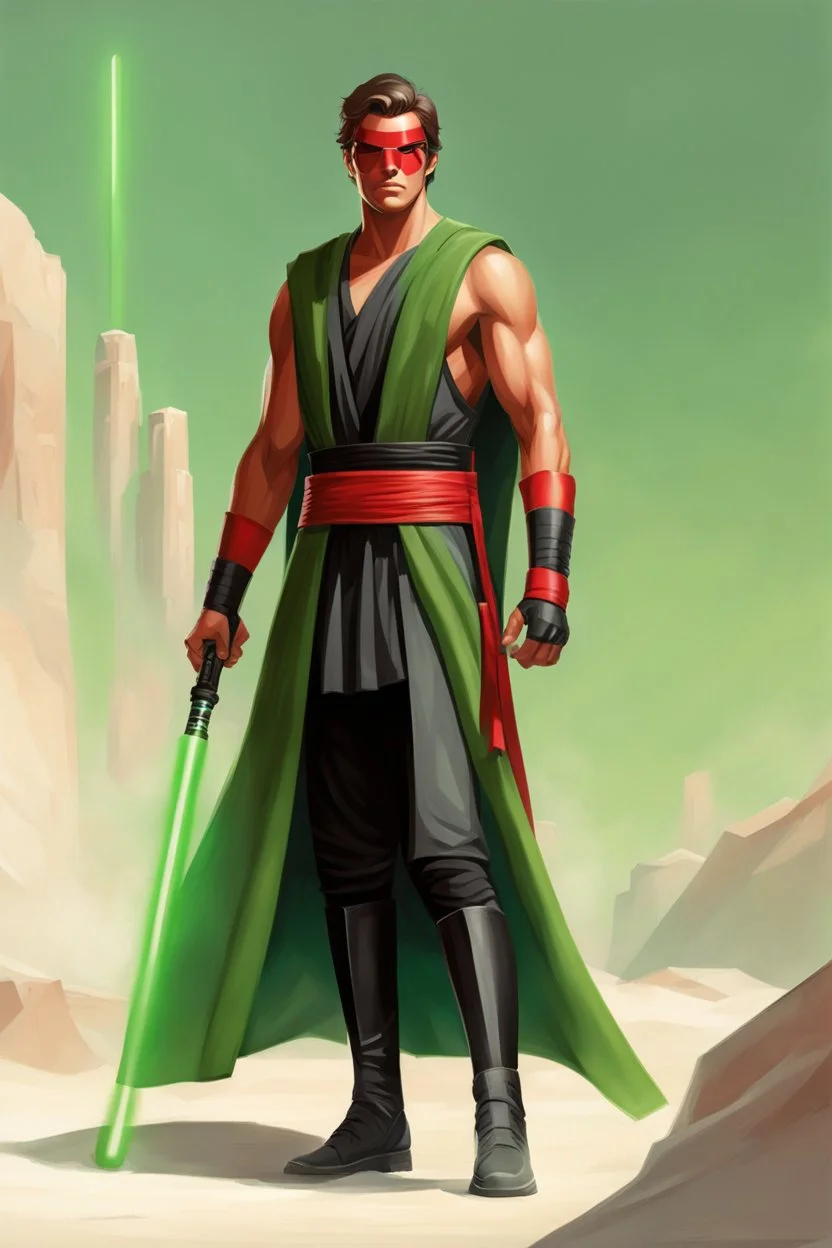 Full Muscular Body, Male Tan Human, Sith Empire, Red Bandage Blindfold. Green and Black Robes, Red Lightsaber