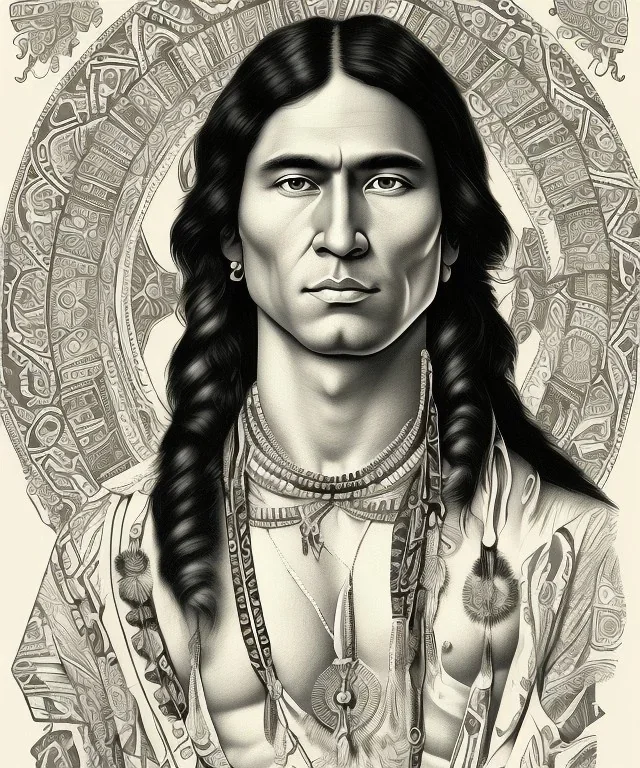 Athahualpa, native american warrior, long black hair, big muscles, pechera, big half circular from shoulder to chest fabric piece