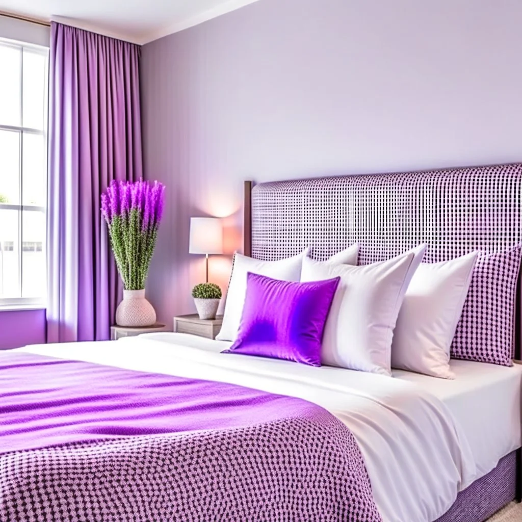 Concept of lavender flower in a hotel bedroom, modern classic style, lavender colors