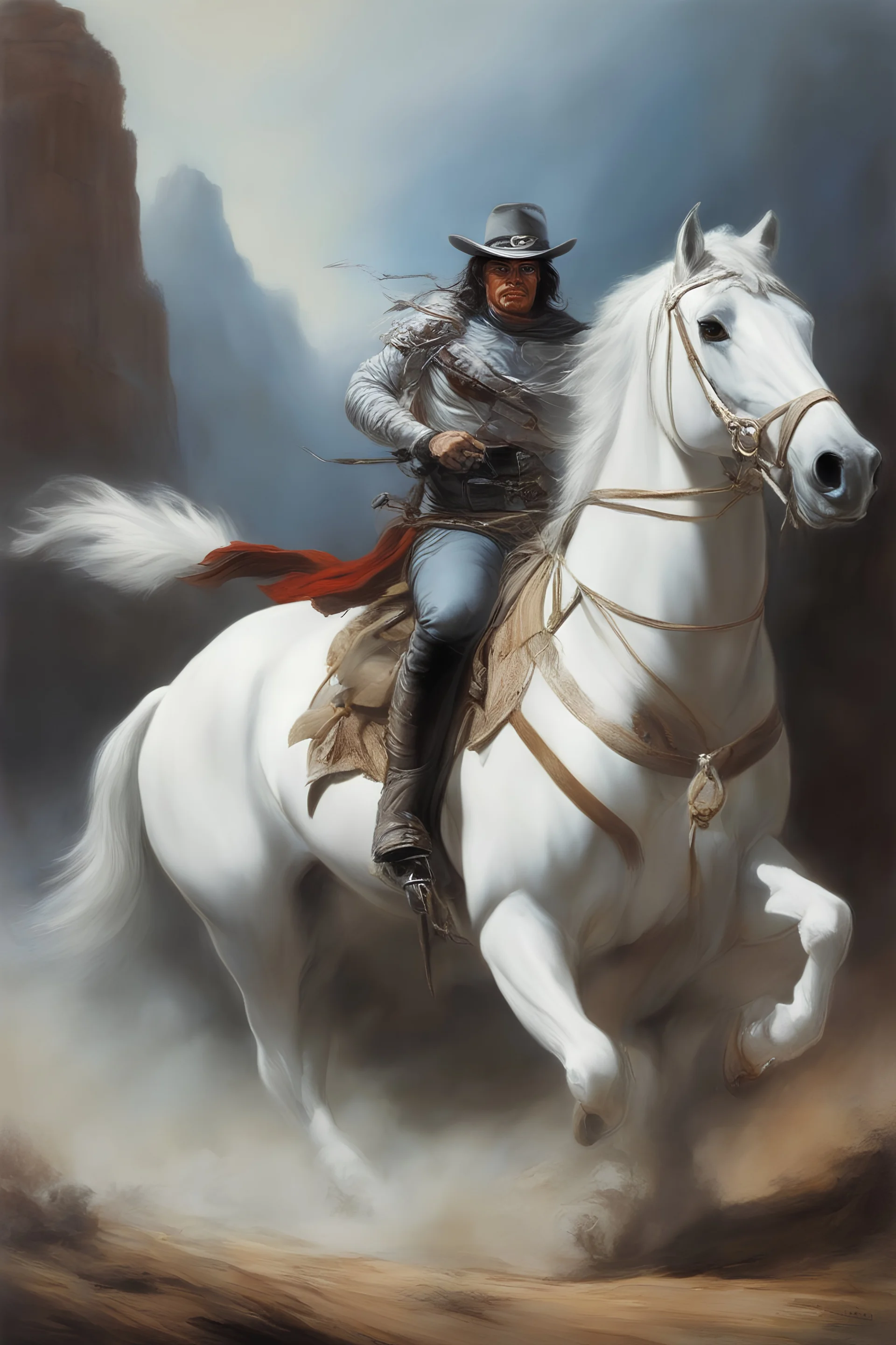 an extremely graphic depiction of the Lone Ranger riding his white horse, "Hi Ho, Silver, Away!", oil painting by Boris Vallejo