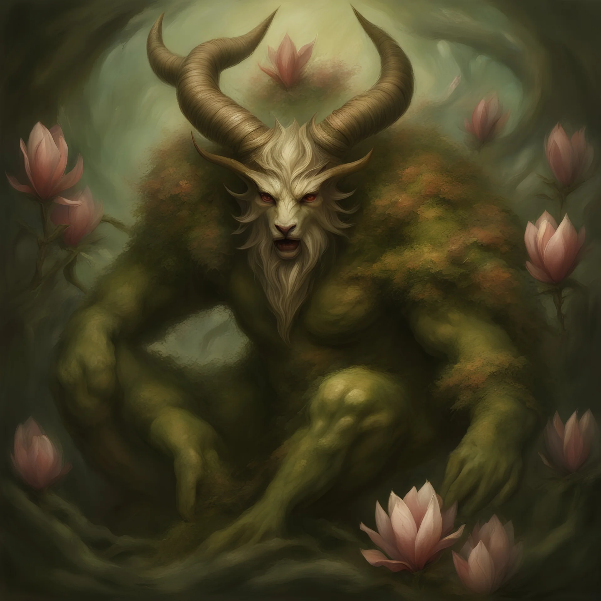 Sylvan Horned Beast King of Calamity, Magnolia Masques, masterpiece, best quality, in faux painting art style