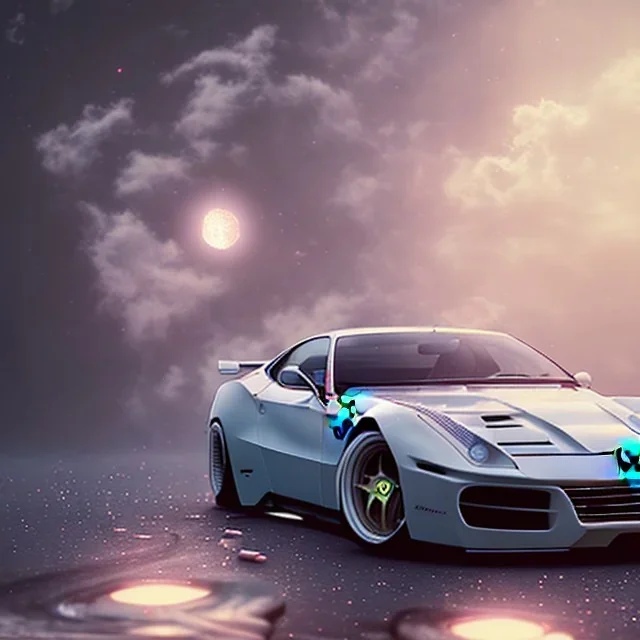 Ferrari blanche, dans un nuage de fleur, concept art, réaliste, synthwave