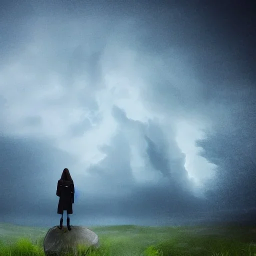 A princess standing. Epic scale. Heavy cold rain. Thunderstorm. An engineer looking up. Futuristic scenary. Gray mist.