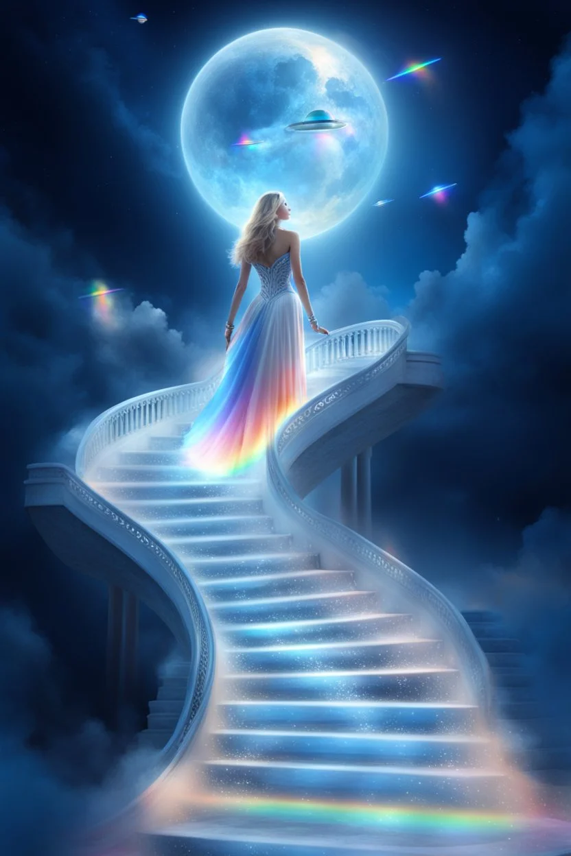 fantastic,Beautiful woman, stairway to heaven whit rainbow, ufos futuriste très beau