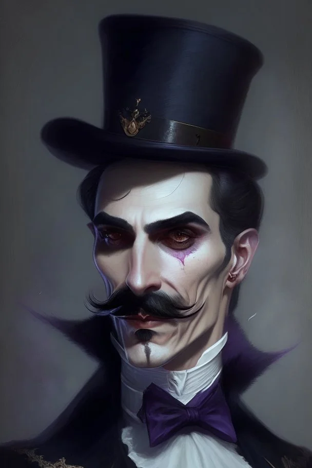 Strahd von Zarovich with a handlebar mustache wearing a top hat blushing