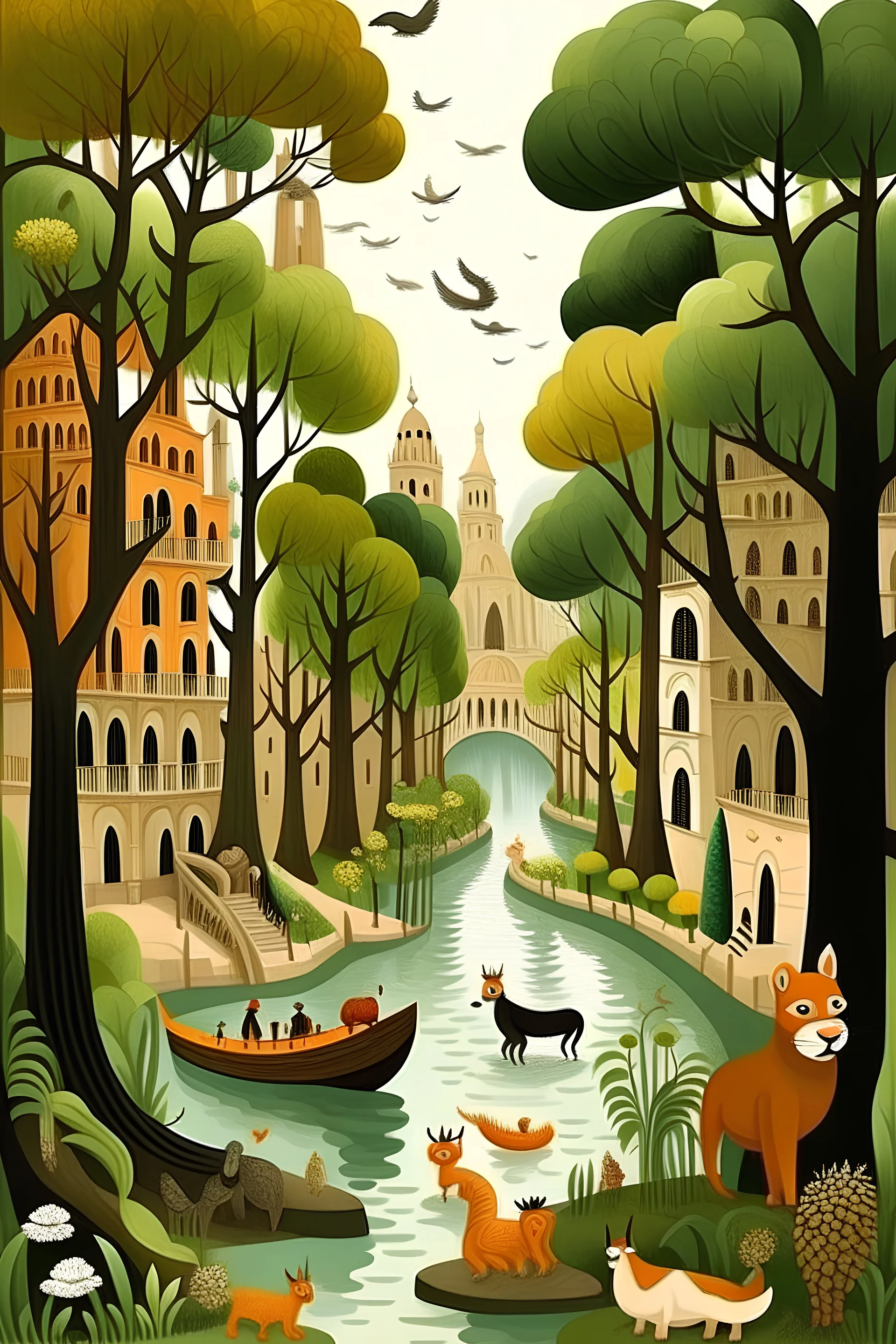 A Venice like city in a forest with animals painted by Edward Hicks