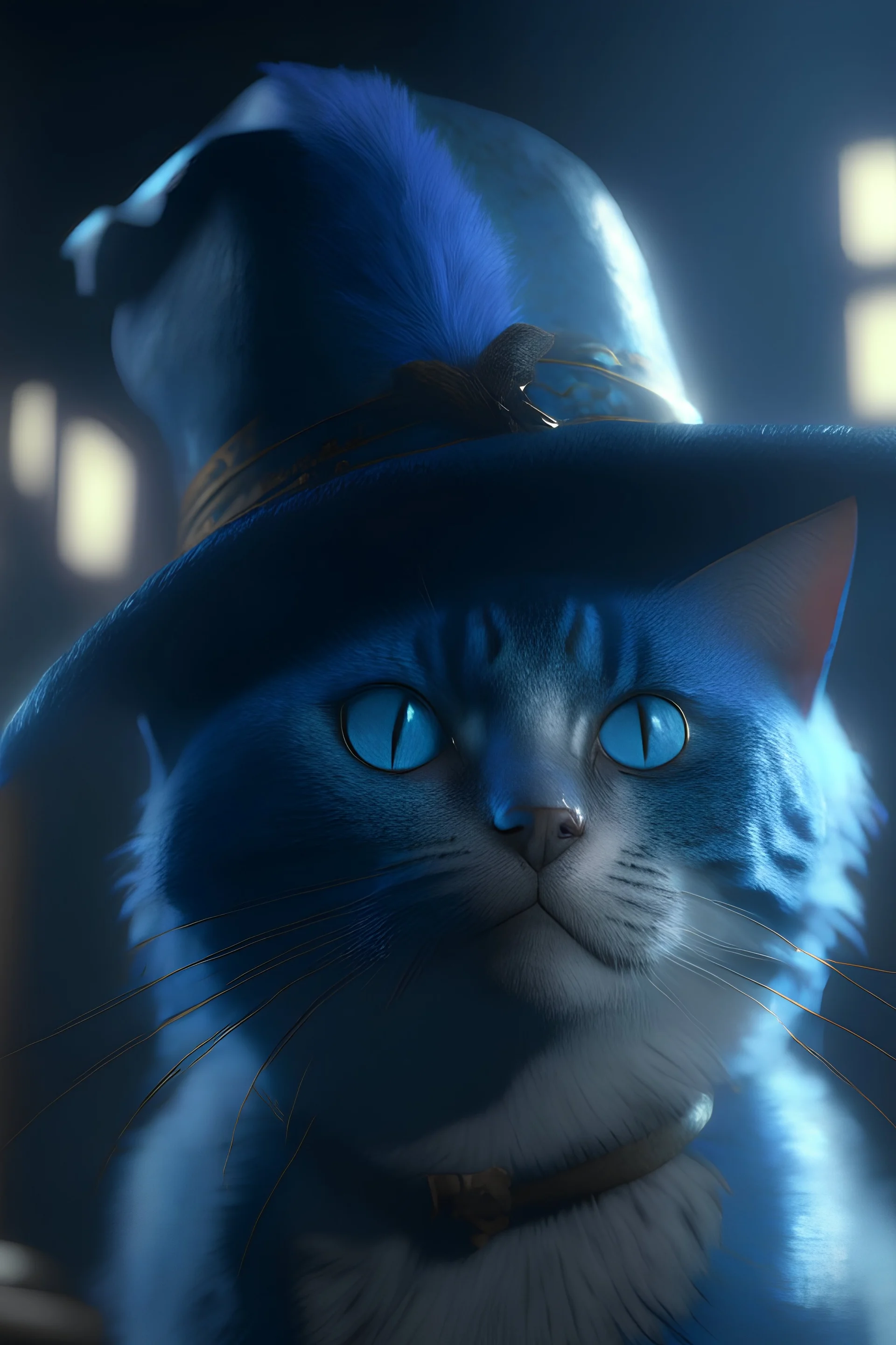 Portrait of a cat wearing hat with a blue hair, Unreal Engine, cinematic lighting