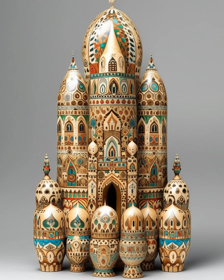 A tan cathedral with musical bells designed in Matryoshka dolls painted by Alan Sorrell